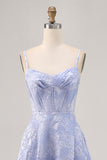 Blue Floral Jacquard Corset Long Wedding Guest Dress with Slit
