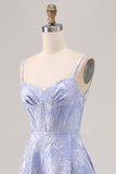 Blue Floral Jacquard Corset Long Wedding Guest Dress with Slit