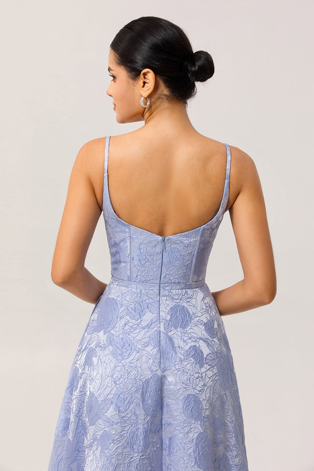 Blue Floral Corset A Line Jacquard Long Wedding Guest Dress with Slit