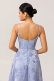 Blue Floral Corset A Line Jacquard Long Wedding Guest Dress with Slit