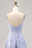 Blue Floral Jacquard Corset Long Wedding Guest Dress with Slit