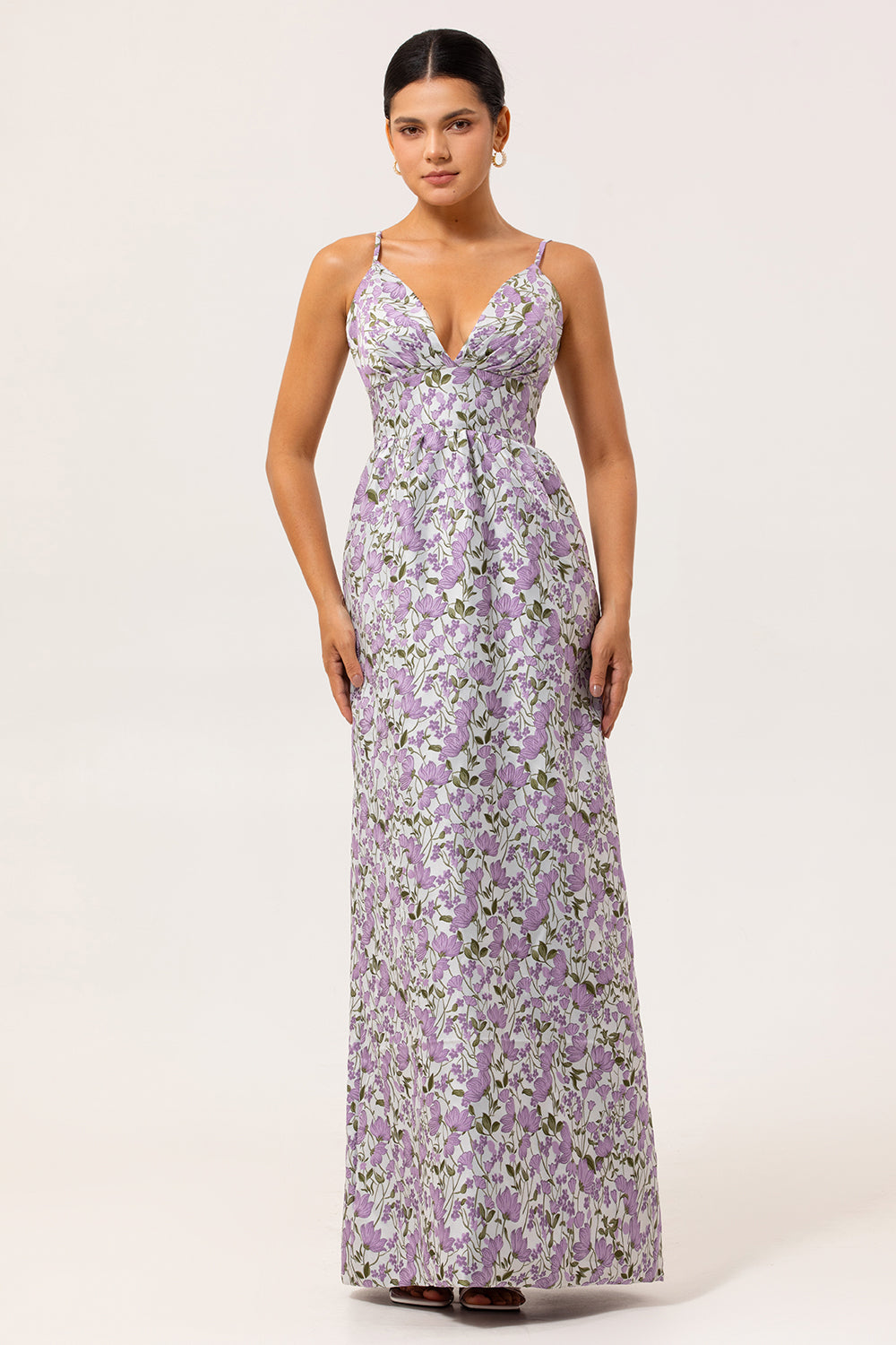 Purple Floral Ruched Spaghetti Straps Long Wedding Guest Dress