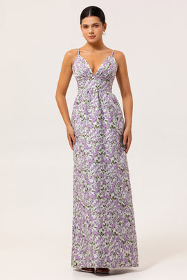 Purple Ruched Spaghetti Straps Floral Long Wedding Guest Dress
