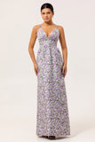 Purple Floral Ruched Spaghetti Straps Long Wedding Guest Dress