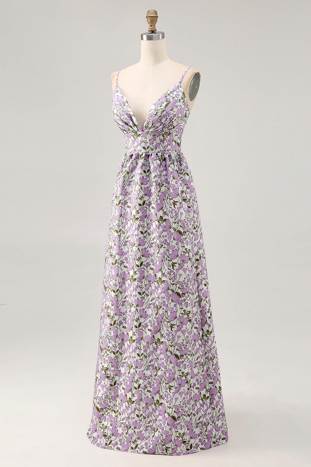 Purple Floral Ruched Spaghetti Straps Long Wedding Guest Dress