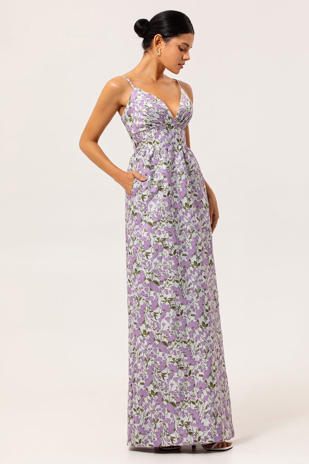 Purple Ruched Spaghetti Straps Floral Long Wedding Guest Dress