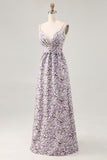 Purple Floral Ruched Spaghetti Straps Long Wedding Guest Dress