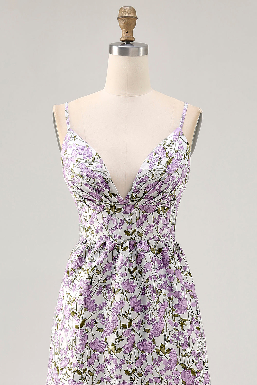 Purple Floral Ruched Spaghetti Straps Long Wedding Guest Dress