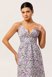 Purple Ruched Spaghetti Straps Floral Long Wedding Guest Dress