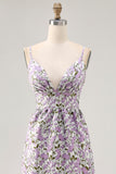 Purple Floral Ruched Spaghetti Straps Long Wedding Guest Dress