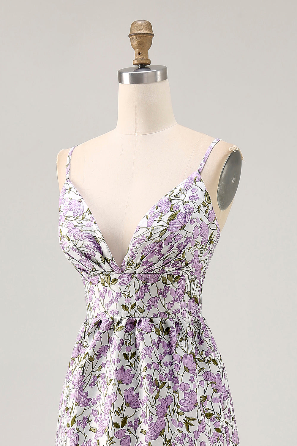 Purple Floral Ruched Spaghetti Straps Long Wedding Guest Dress