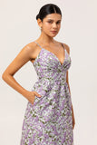 Purple Ruched Spaghetti Straps Floral Long Wedding Guest Dress