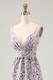 Purple Floral Ruched Spaghetti Straps Long Wedding Guest Dress