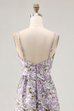 Purple Floral Ruched Spaghetti Straps Long Wedding Guest Dress