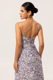 Purple Ruched Spaghetti Straps Floral Long Wedding Guest Dress