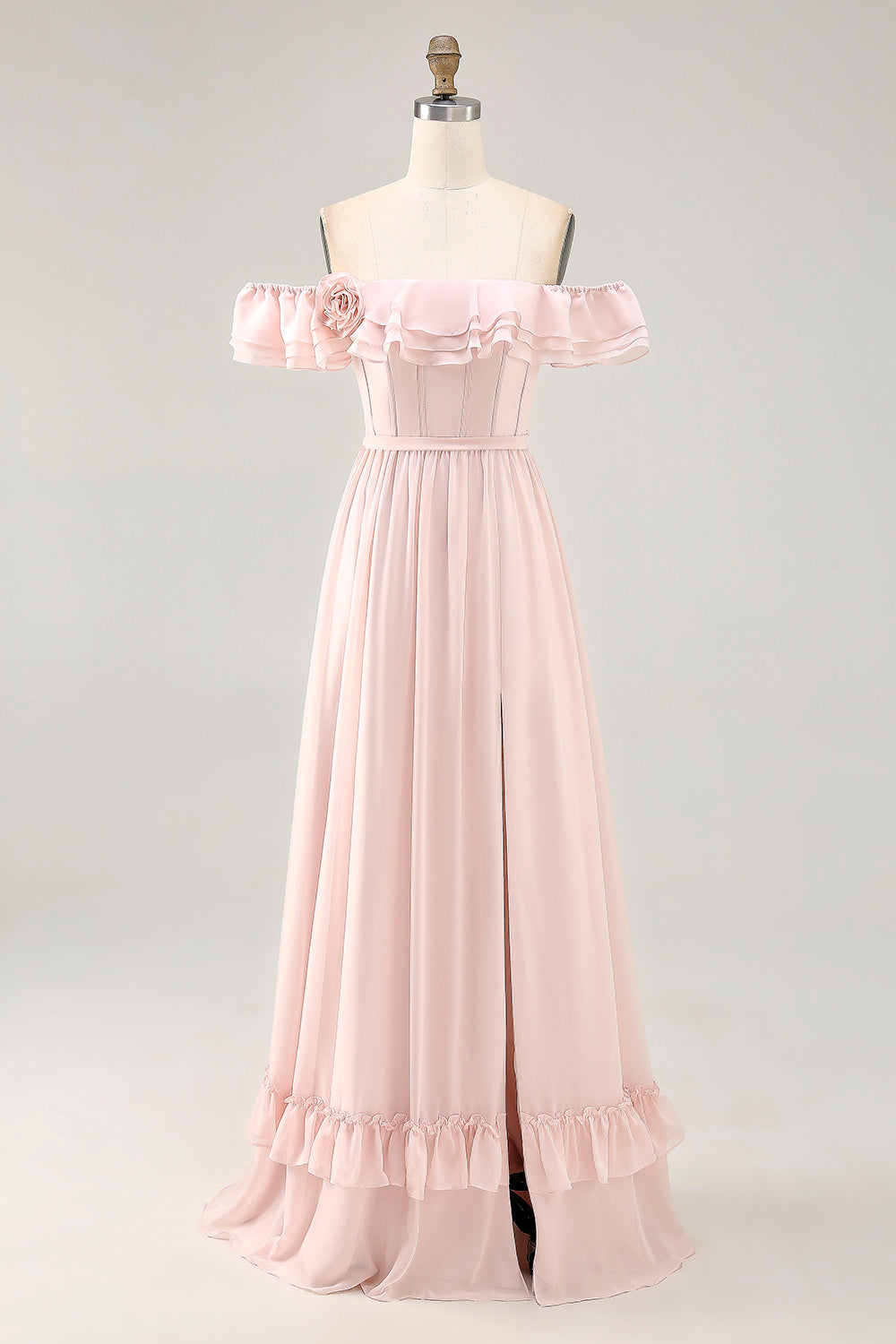 Blush Floral Corset Long Ruffled Bridesmaid Dress with Bow