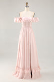Blush Floral Corset Long Ruffled Bridesmaid Dress with Bow