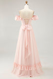 Blush Floral Corset Long Ruffled Bridesmaid Dress with Bow