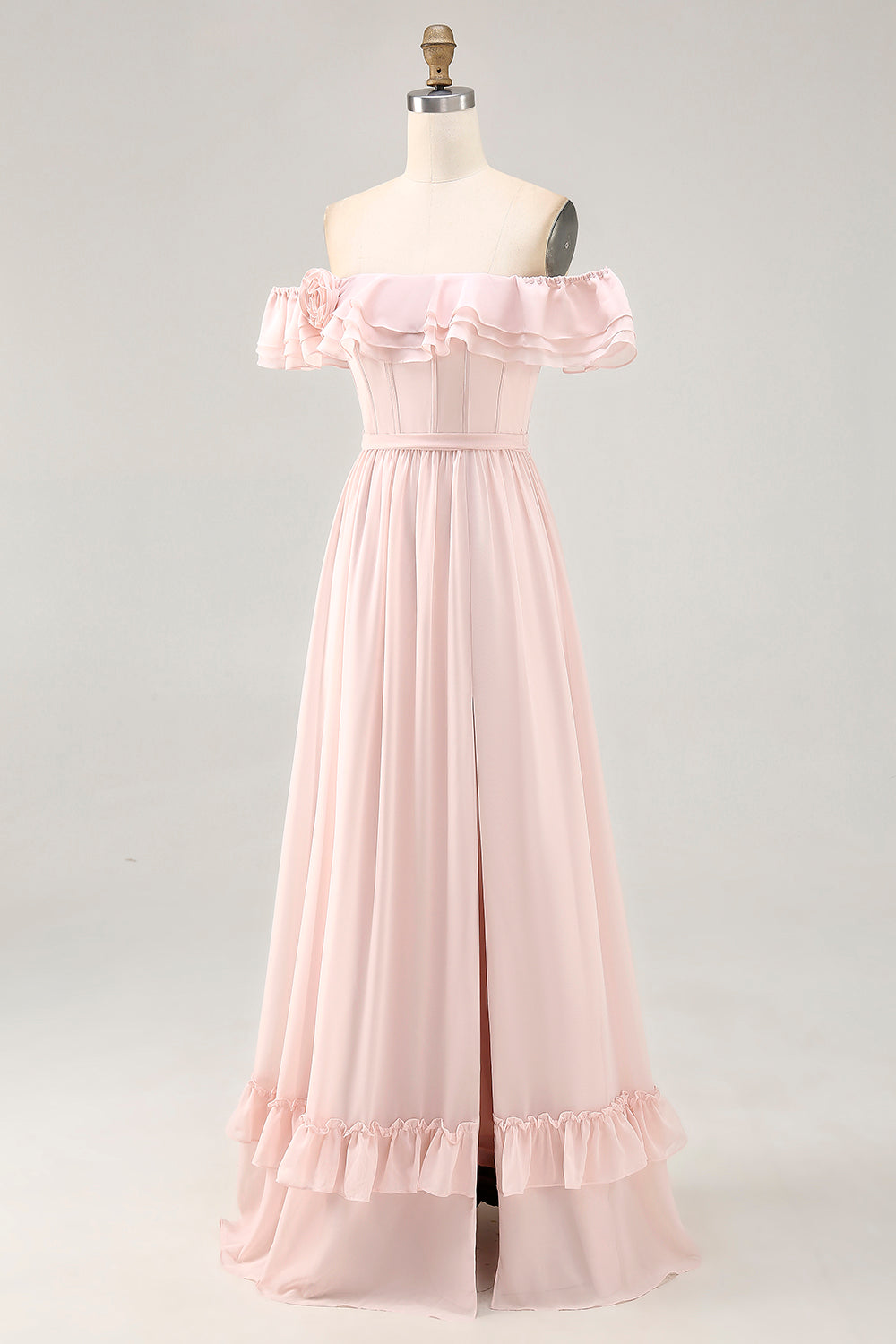 Blush Corset Floral Ruffled Long Bridesmaid Dress with Bow