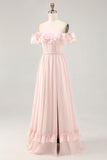 Blush Corset Floral Ruffled Long Bridesmaid Dress with Bow