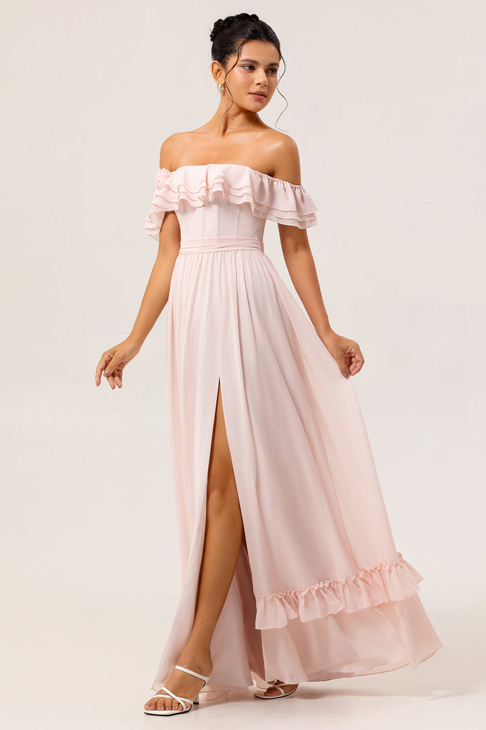 Blush Floral Corset Long Ruffled Bridesmaid Dress with Bow