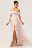 Blush Floral Corset Long Ruffled Bridesmaid Dress with Bow