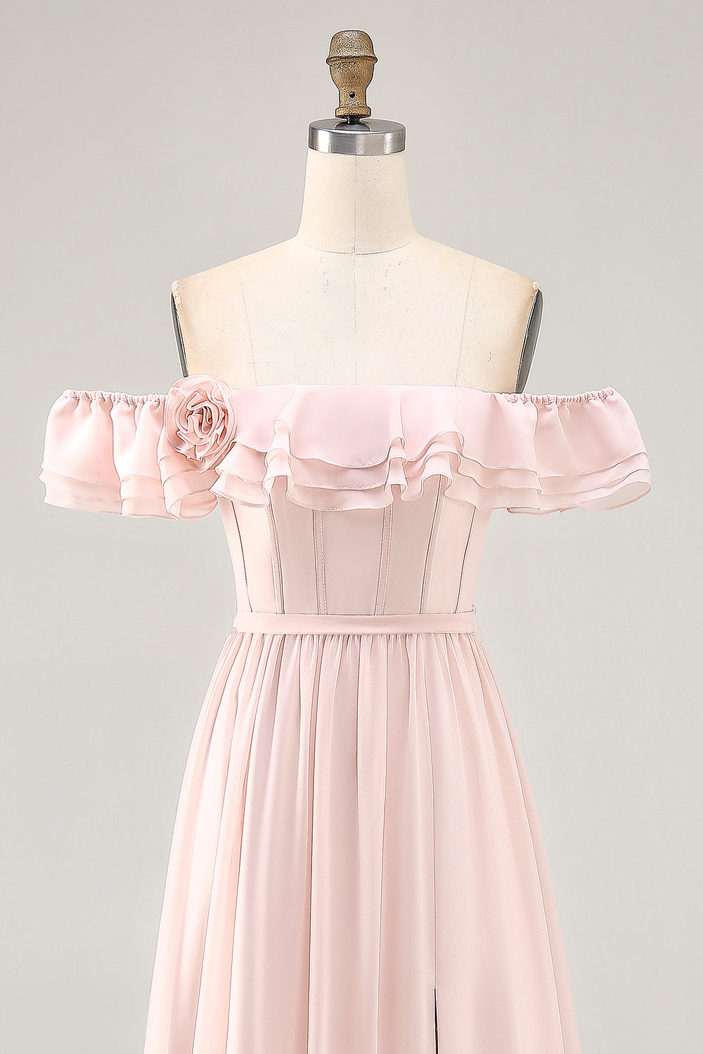 Blush Corset Floral Ruffled Long Bridesmaid Dress with Bow