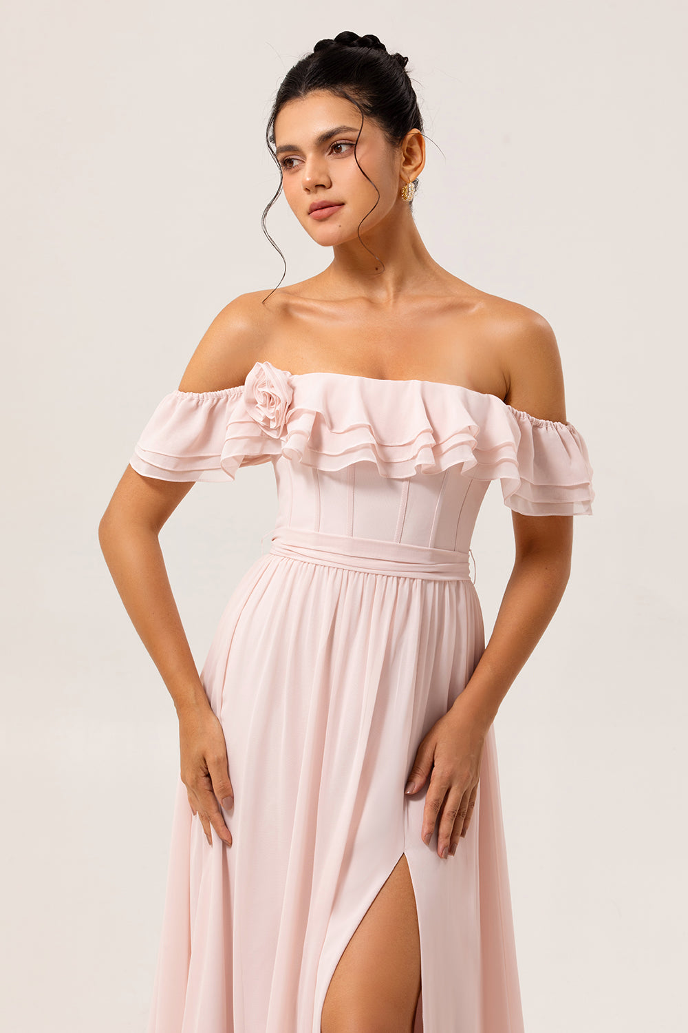 Blush Floral Corset Long Ruffled Bridesmaid Dress with Bow