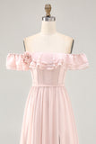 Blush Corset Floral Ruffled Long Bridesmaid Dress with Bow