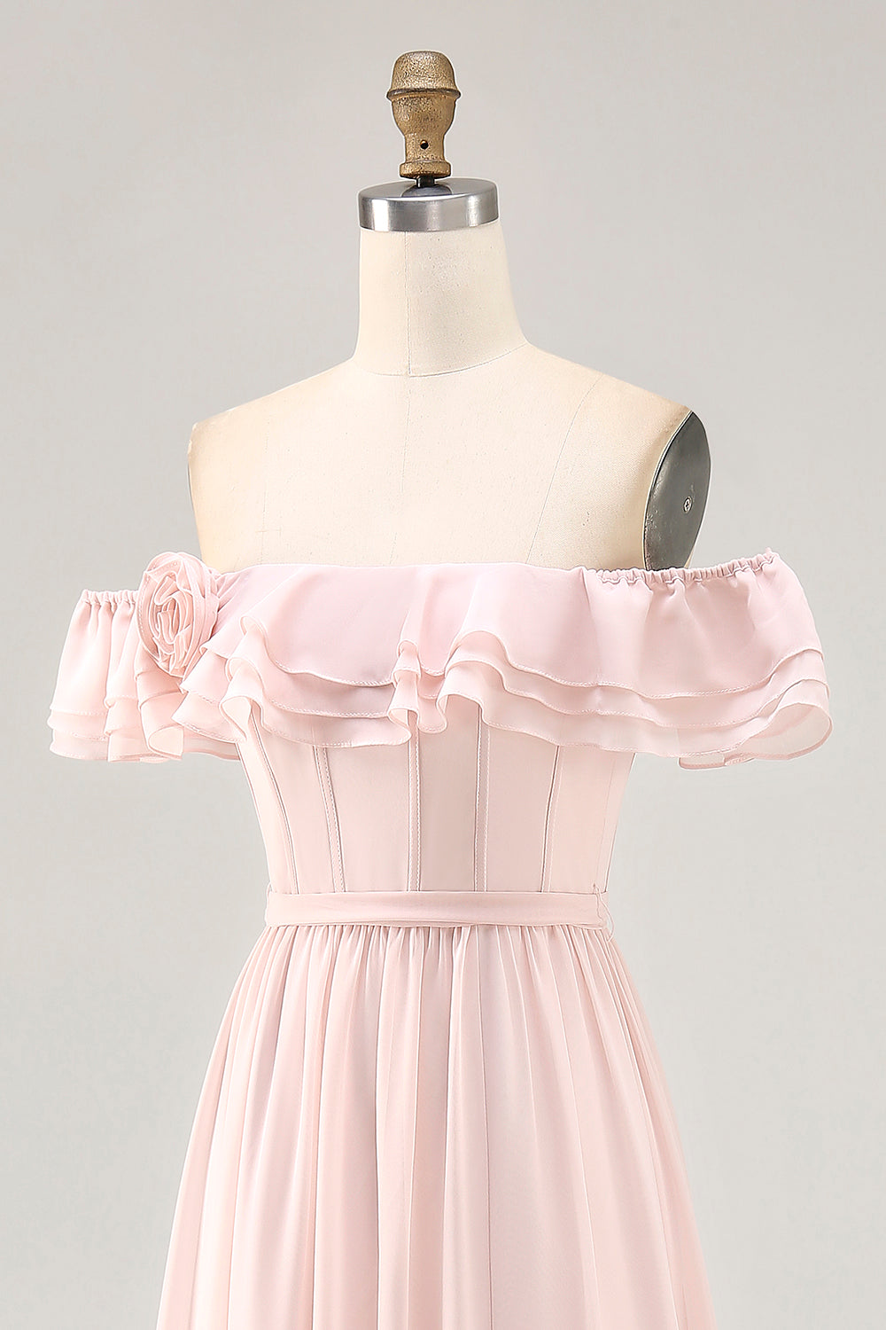 Blush Corset Floral Ruffled Long Bridesmaid Dress with Bow