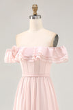Blush Corset Floral Ruffled Long Bridesmaid Dress with Bow