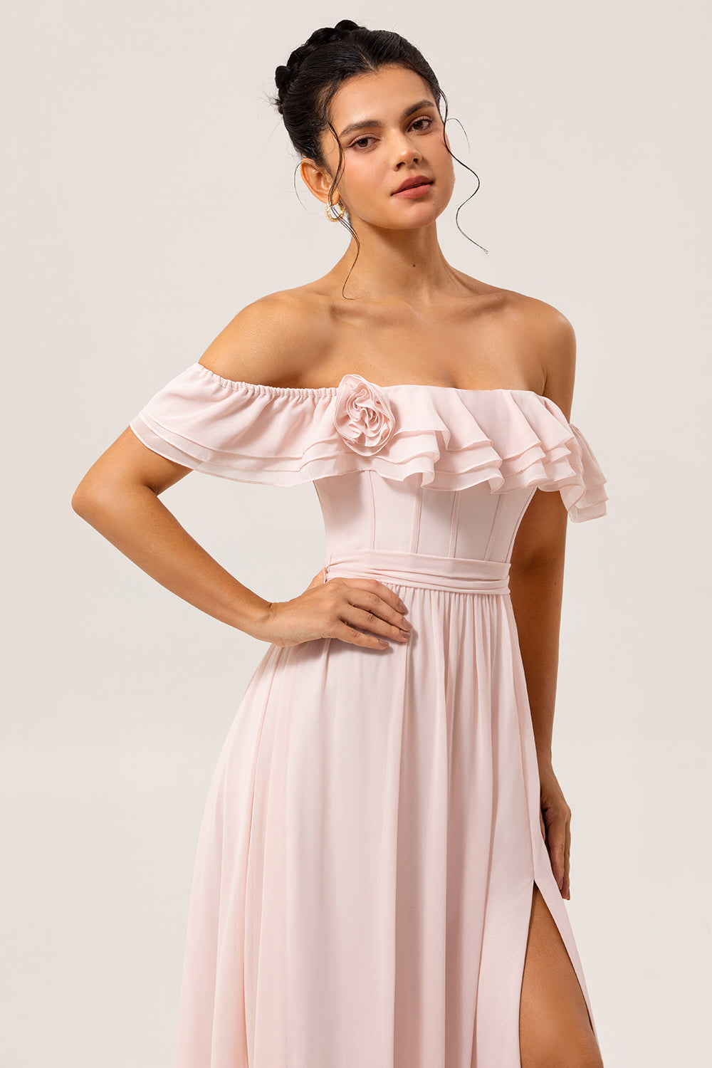 Blush Floral Corset Long Ruffled Bridesmaid Dress with Bow