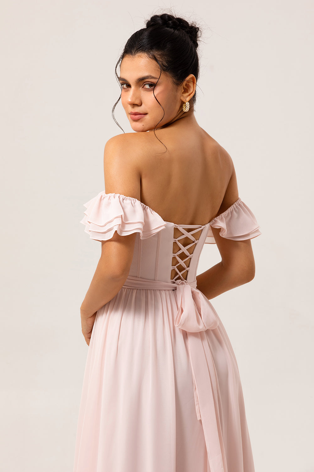 Blush Floral Corset Long Ruffled Bridesmaid Dress with Bow