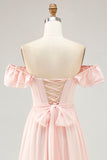 Blush Corset Floral Ruffled Long Bridesmaid Dress with Bow