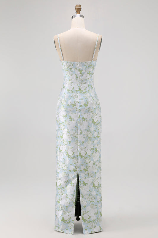 White Sage Floral Spaghetti Straps Long Bridesmaid Dress with Slit