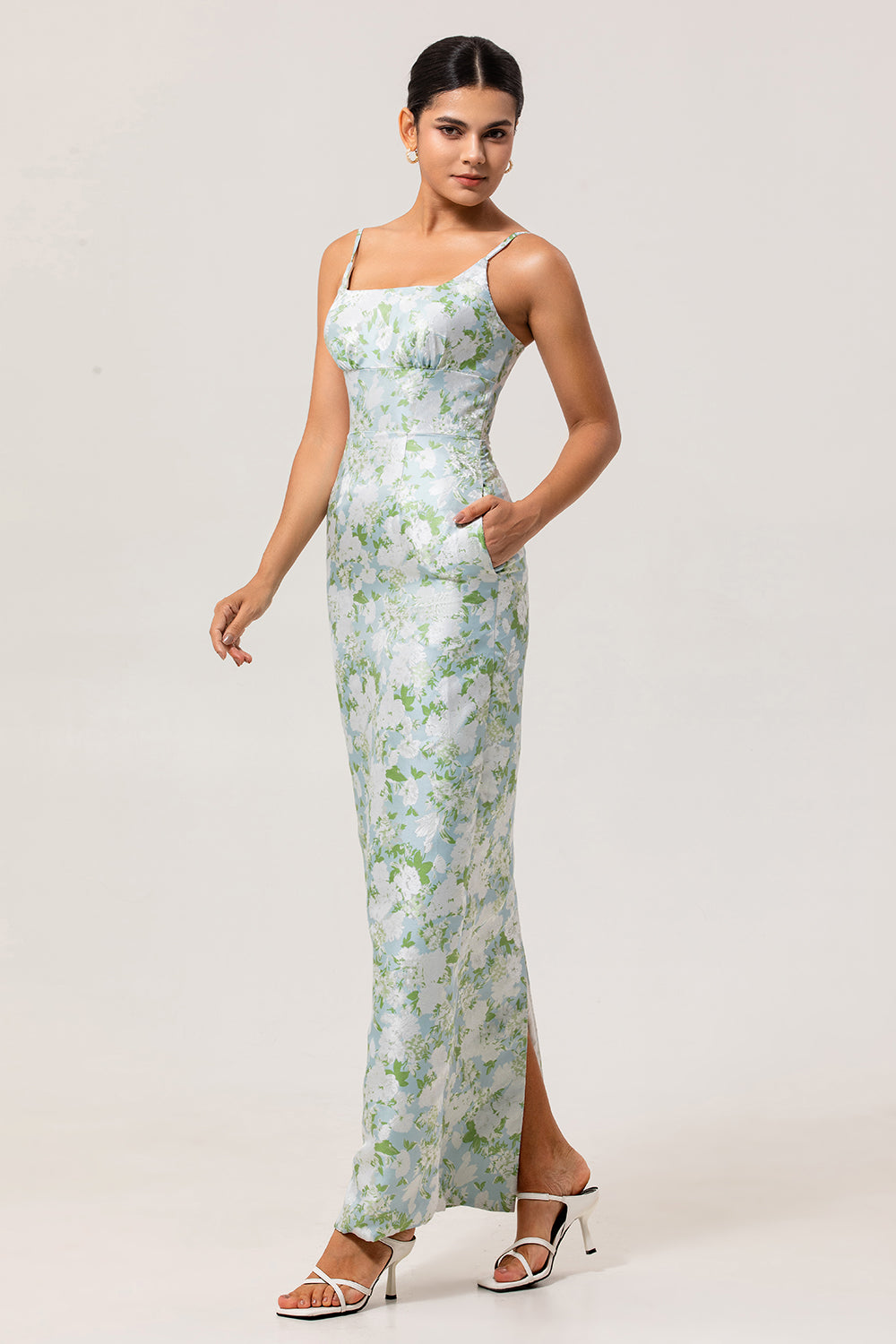 White Sage Floral Sheath Long Bridesmaid Dress with Pockets