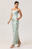 White Sage Floral Sheath Long Bridesmaid Dress with Pockets