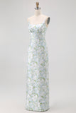 White Sage Floral Spaghetti Straps Long Bridesmaid Dress with Slit