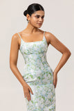 White Sage Floral Sheath Long Bridesmaid Dress with Pockets