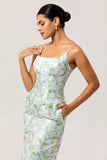 White Sage Floral Sheath Long Bridesmaid Dress with Pockets