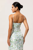 White Sage Floral Sheath Long Bridesmaid Dress with Pockets