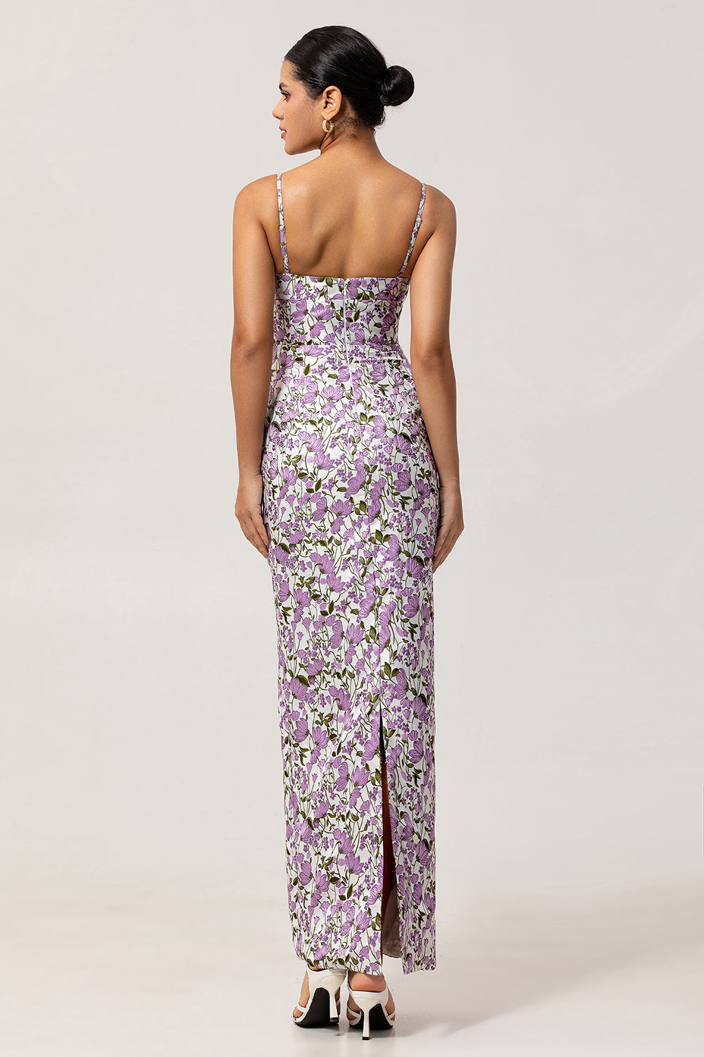 Zapakasa Women Purple Floral Long Bridesmaid Dress with Slit Spaghetti Straps Sheath Satin Wedding Guest Dress Zapakasa Women Purple Floral Long Bridesmaid Dress with Slit Spaghetti Straps Sheath Satin Wedding Guest Dress
