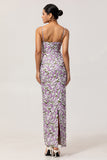 Purple Floral Spaghetti Straps Sheath Long Bridesmaid Dress with Slit