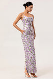 Purple Floral Spaghetti Straps Sheath Long Bridesmaid Dress with Slit
