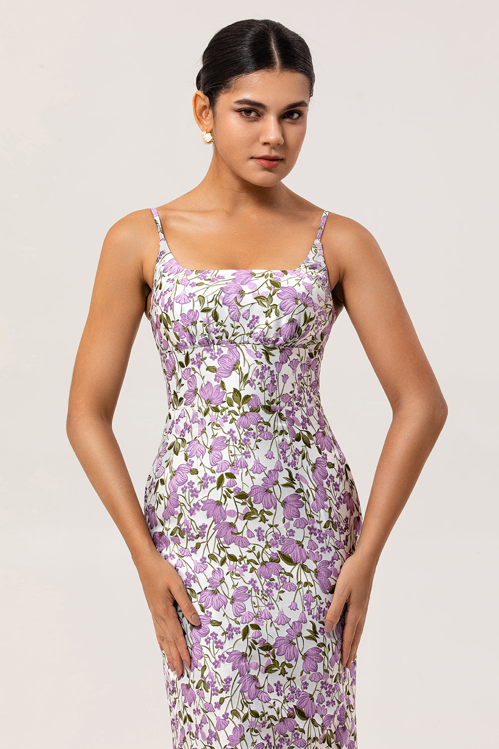 Purple Floral Spaghetti Straps Sheath Long Bridesmaid Dress with Slit