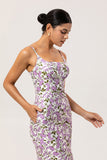 Purple Floral Spaghetti Straps Sheath Long Bridesmaid Dress with Slit