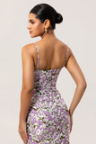 Purple Floral Spaghetti Straps Sheath Long Bridesmaid Dress with Slit