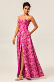 Fuchsia Floral Corset Sweetheart Long Wedding Guest Dress with Slit
