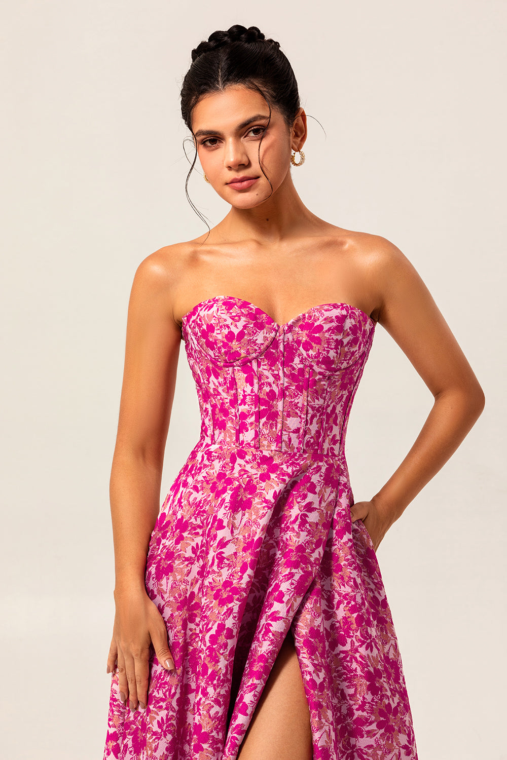 Fuchsia Floral Corset Sweetheart Long Wedding Guest Dress with Slit