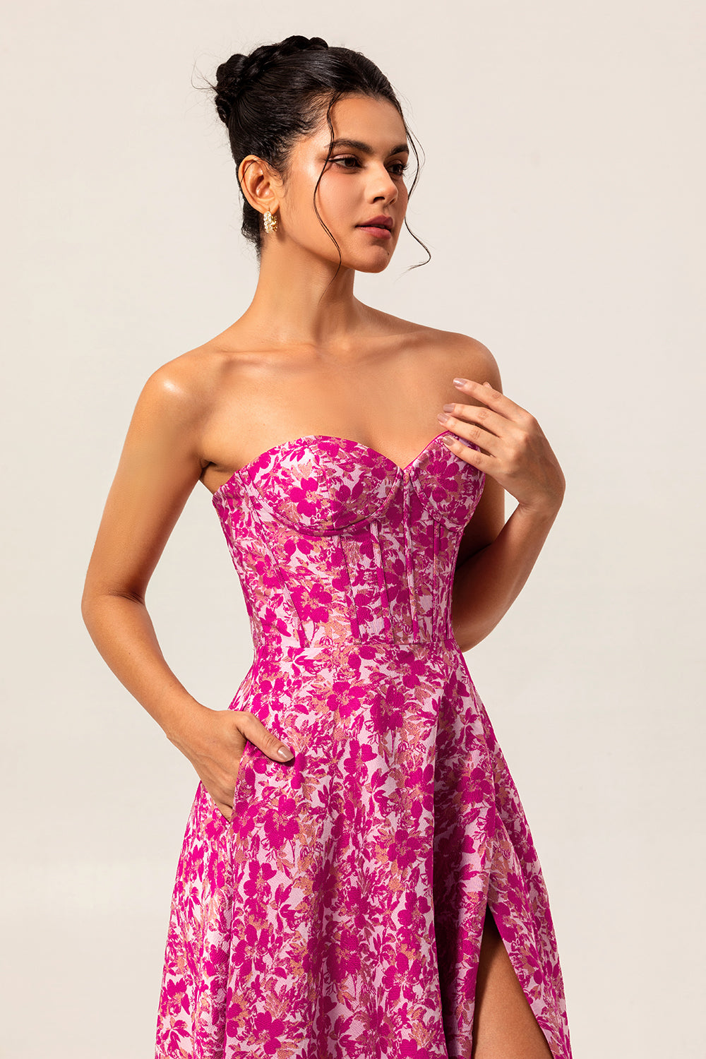 Fuchsia Floral Corset Sweetheart Long Wedding Guest Dress with Slit